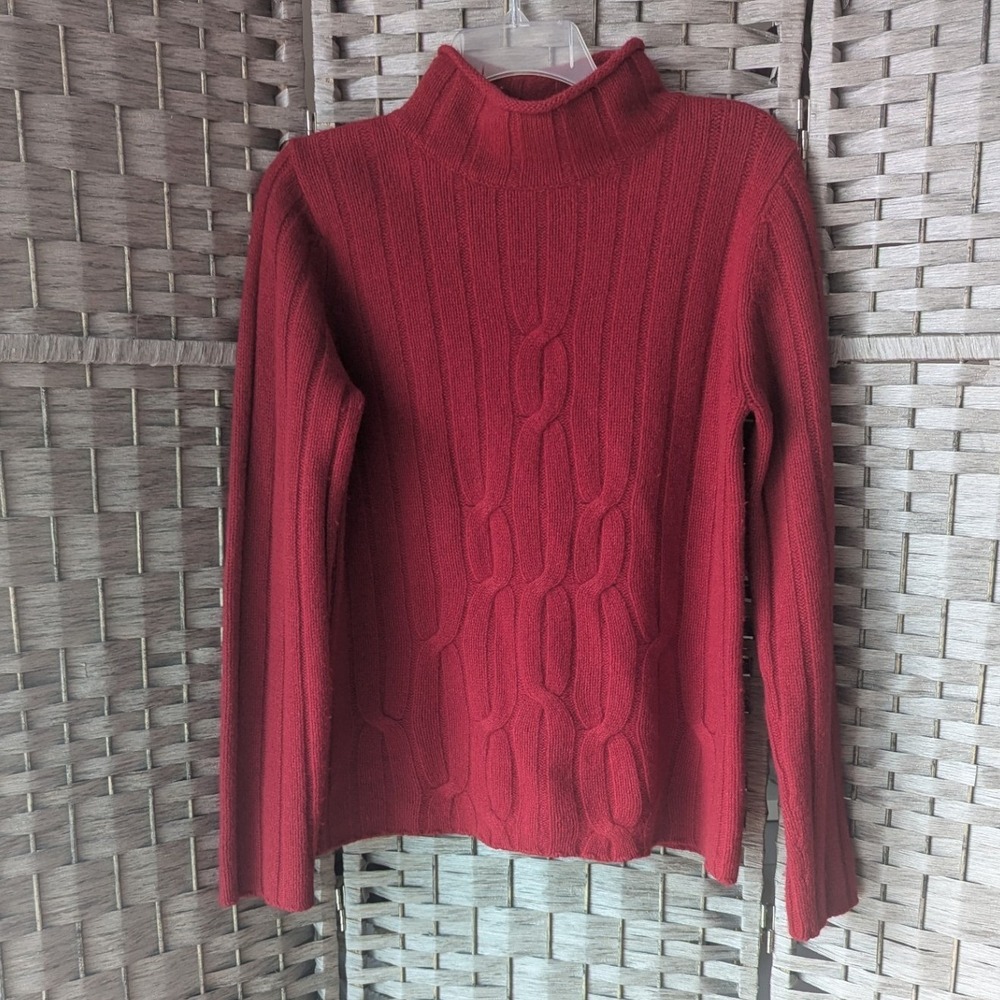 Deane & White Sweater Red Cable Knit Roll Neck Wool Angora Sz S Classic Cozy